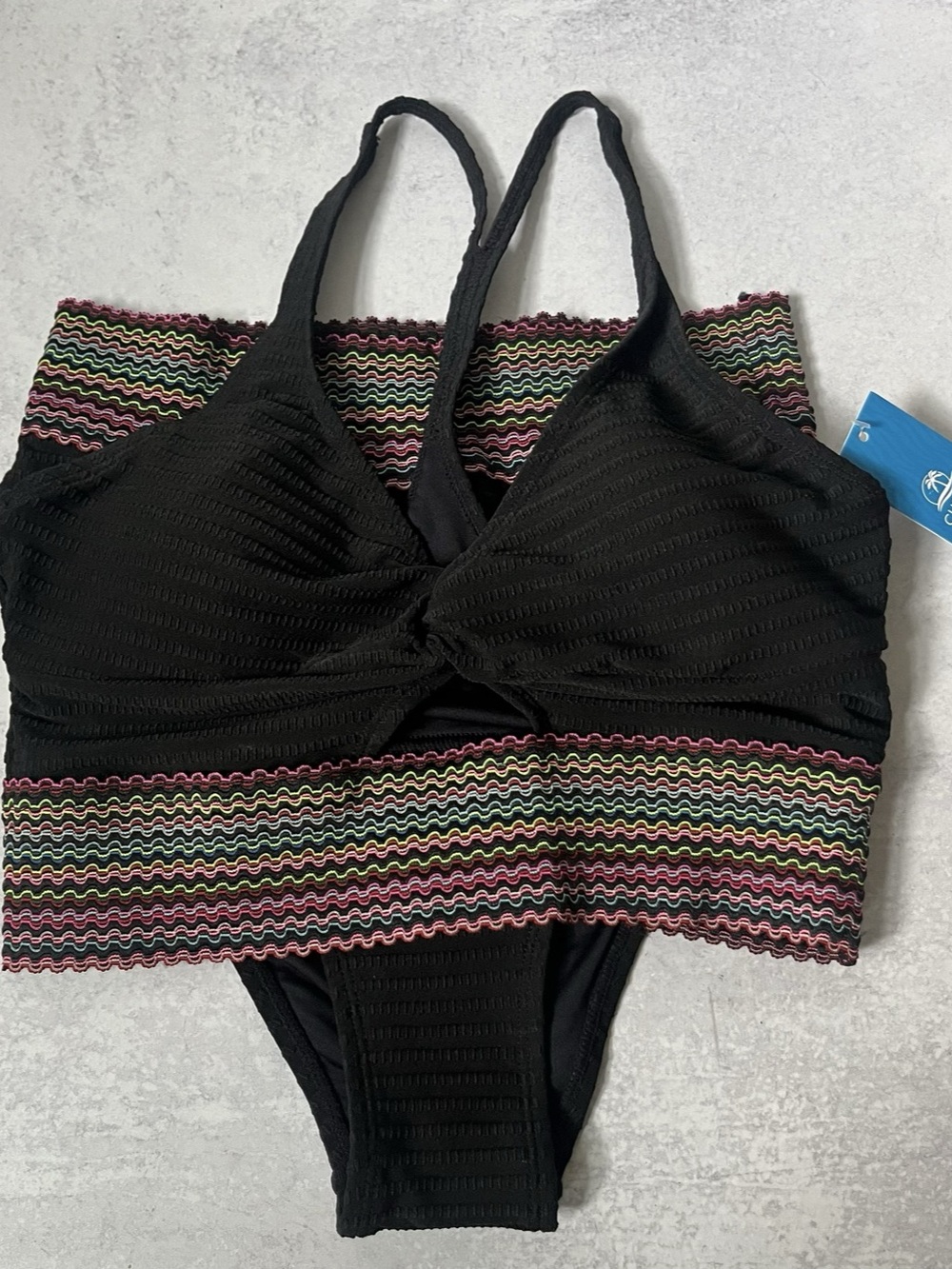CUPSHE Scrunch Bikini Set Black Long Line Top High Cut Small Rainbow NEW